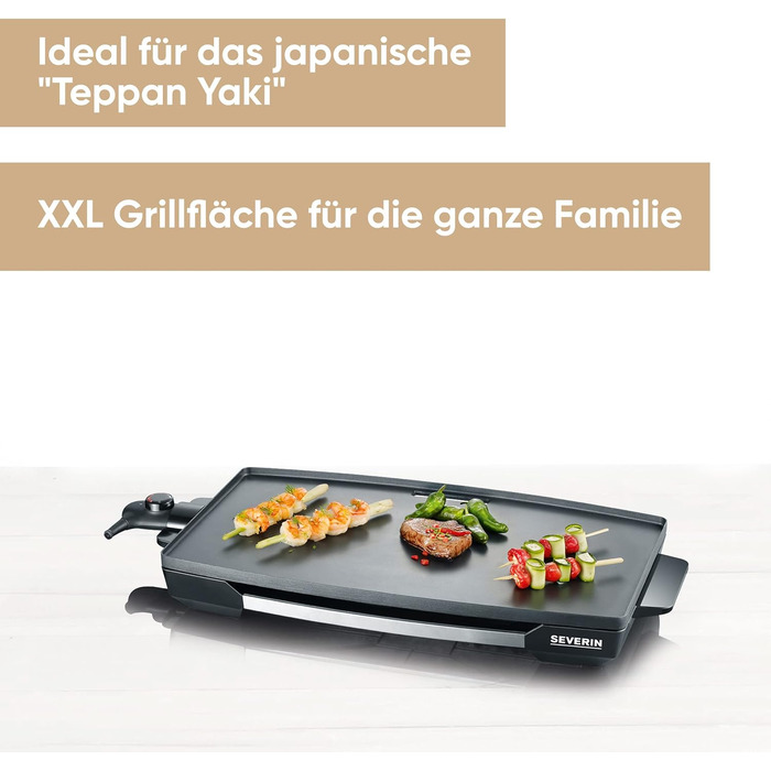 Гриль SEVERIN Table для м'яса, риби та овочів, плита XXL Teppan Yaki з антипригарним покриттям, електрогриль з піддоном для крапель жиру та регулятором температури, чорний, KG 2397