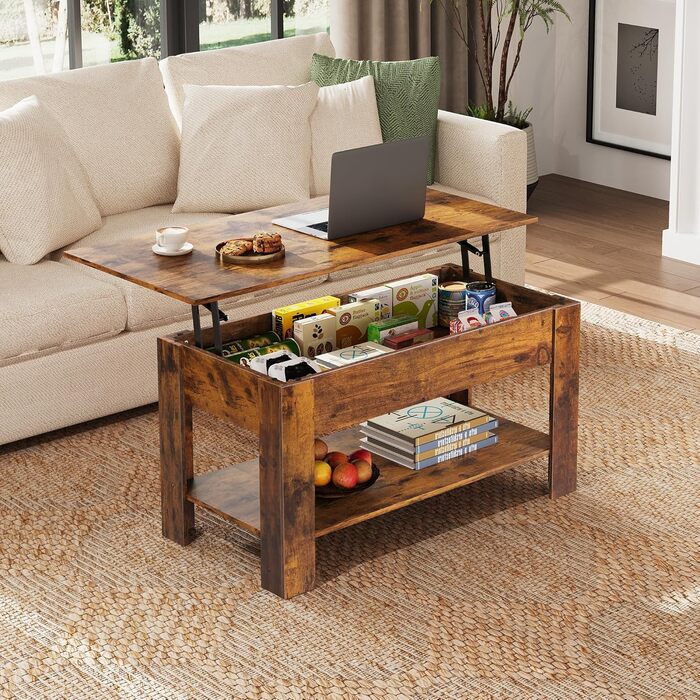 Журнальний столик WLIVE з регульованою висотою та полицею, прямокутний стіл для вітальні з відкритим та прихованим місцем для зберігання, журнальний столик для вітальні, спальні (індустріальний, рустикальний коричневий) Рустикальний коричневий індустріаль