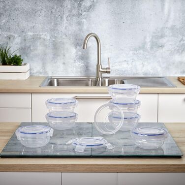 Набір пластикових контейнерів для зберігання продуктів Grizzly, 8 контейнерів з кришками, плоскі, круглі, штабелюються, ударостійкі, можна використовувати в мікрохвильовій печі та посудомийній машині, 8 x 400 мл