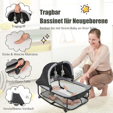 Дорожнє ліжечко для немовлят з матрацом, ліжечко Side-by-Side з колискою та пеленальний килимок, комплект дитячого ліжка для новонароджених та немовлят до 36 місяців, 110 x 78 см