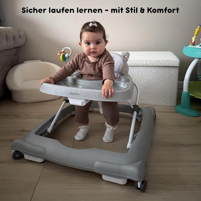 Дитячі ходунки Liefjes & Co з колесами на 360, ігровою приставкою та іграшками регульовані по висоті, складні, з високою спинкою дитячі ходунки (сірі)