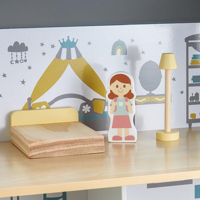 Дерев&39яний ляльковий будиночок Mamabrum, 3-поверховий, з меблями та аксесуарами - Перевірений на безпеку дитячий ігровий будиночок для рольових ігор - Ляльковий будиночок зі спальнею, вітальнею, кухнею та ванною кімнатою, сучасний мінімалістичний