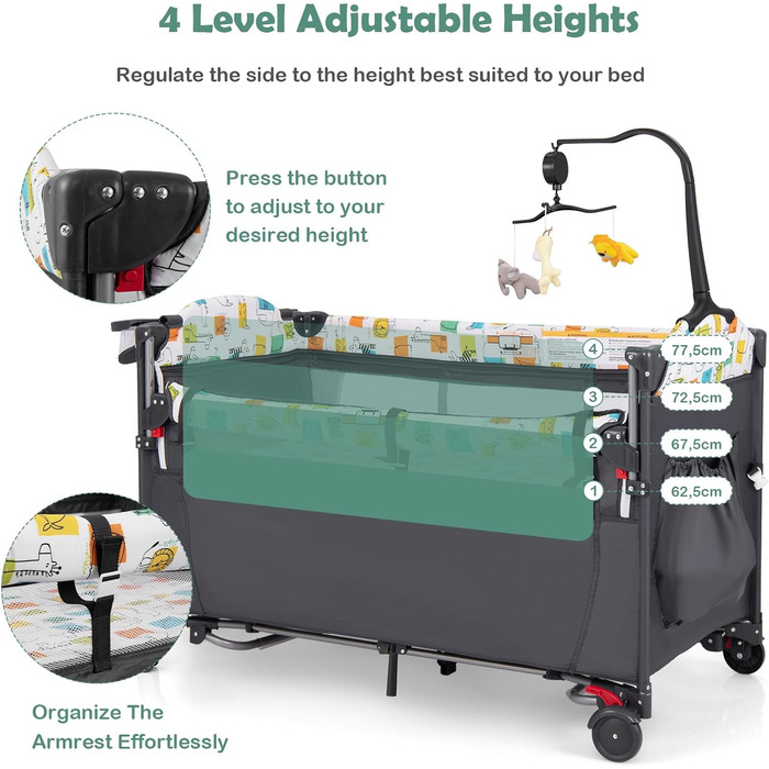 Дитяче ліжечко LIFEZEAL з матрацом, складне дитяче ліжечко з пеленальною дошкою та іграшками, дорожнє ліжечко з тканини Оксфорд, 2 рівні, регульована висота, вантажопідйомність 10/15/10 кг (сірий колір)