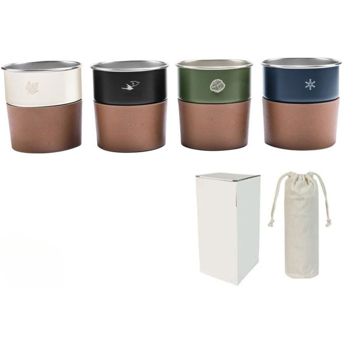 Набір із 4 чашок з нержавіючої сталі об&39ємом 300 мл, мірний стаканчик Forcamp Cups, тримач для чашок зі штучної шкіри