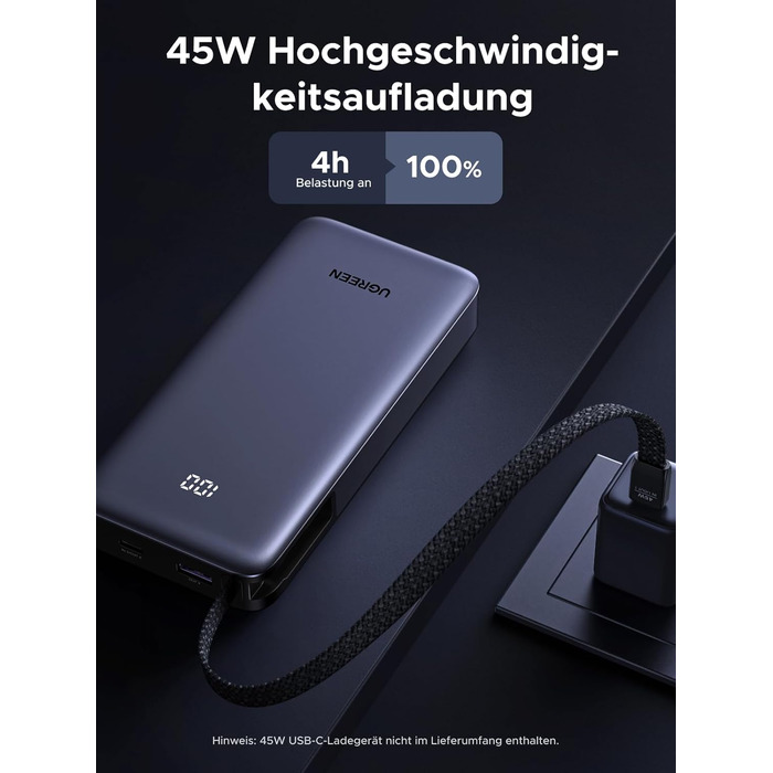 Зовнішній акумулятор UGREEN Power Bank, швидка зарядка 20000 мАг 45 Вт з вбудованим кабелем USB-C та двонаправленою зарядкою 45 Вт, сумісний з Galaxy S25 Ultra/S25, iPhone 17/16 серії, iPad, ноутбуком та іншими пристроями