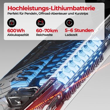 Електросамокат з допуском до дорожнього руху, 10-дюймові позашляхові пневматичні шини з подвійною системою амортизації, акумулятор 12,5 Аг із запасом ходу 6070 км, РК-панель приладів, максимальне навантаження 150 кг, смарт-застосунок.