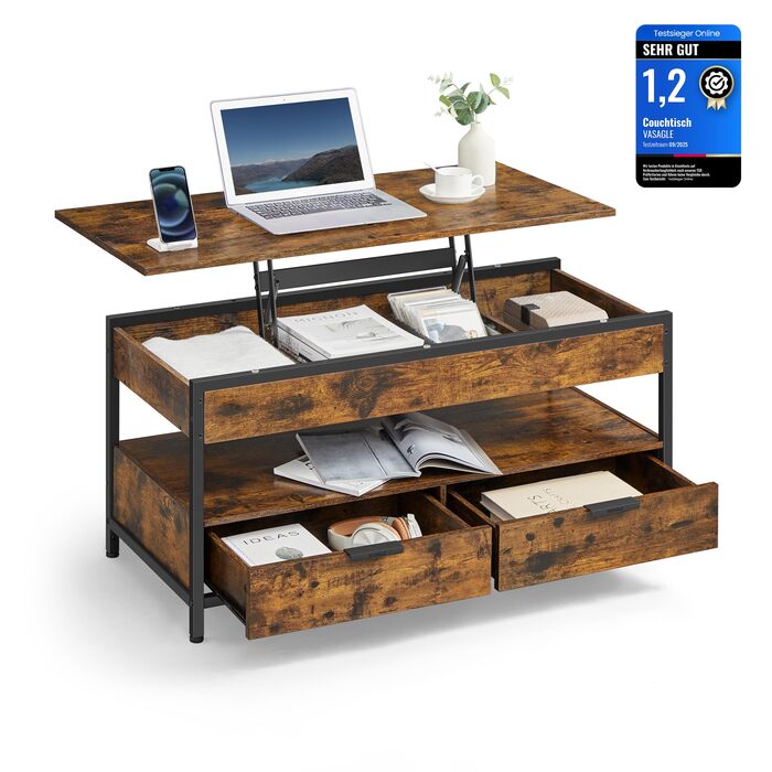 Журнальний столик VASAGLE, стіл для вітальні з регульованою висотою, журнальний столик, з шухлядами, відкритий відсік, 50 x 100 см, вінтажний коричневий-чорний LCT209K01 50 см x 100 см Вінтажний коричневий чорнильний