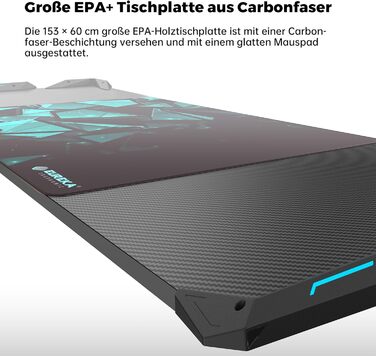 Ергономічний ігровий стіл Eureka 153 60 см, великий ігровий письмовий стіл зі світлодіодним підсвічуванням, ігровий ПК-стіл на карбоновому волокні