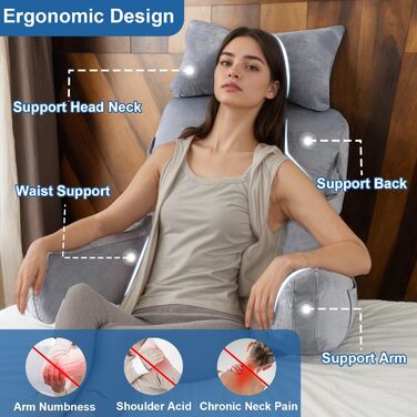 Подушка для читання на ліжко, 90 x 80 см (ДxВ), XXL спинна подушка для диванів для дорослих з підлокітниками та знімним потиличним валиком, спинка для читання з кишенею для ліжка, дивана, підлоги та стільця, світло-сіра