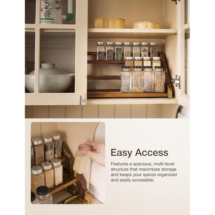 Стійка для спецій Tinamo з акації, 3-рівнева підставка для спецій для стільниці або шафи, кухонний органайзер для спецій та полиця для органайзера для спецій (горіх)