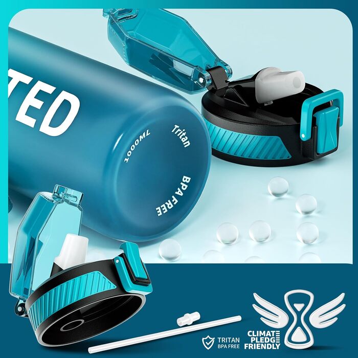 Пляшка для пиття QLUR, пляшка для води Tritan з соломинкою 1л без BPA з соломинкою, пляшка для пиття спортивна герметична з маркер