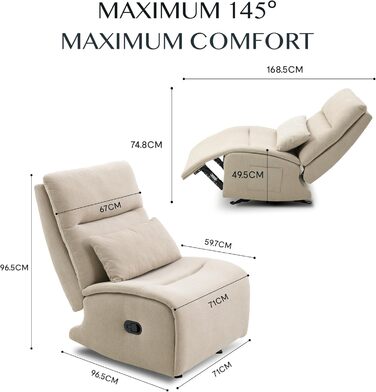 Крісло-гойдалка FLEXISPOT з 3-позиційним регулюванням відкидання, крісло для телевізора, крісло-гойдалка, подушка та бічна кишеня, ідеально підходить для сім&39ї та відпочинку, колір HomeEase Beige Oat Beige