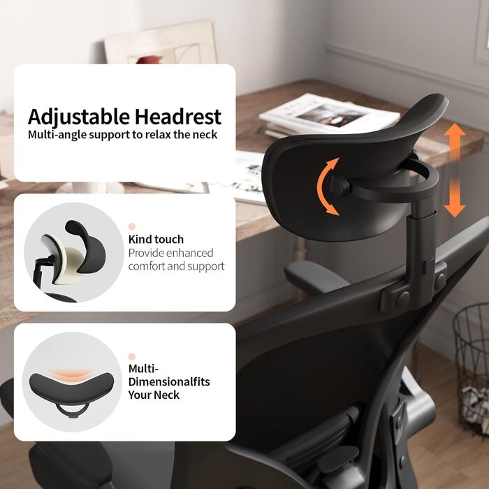 Ергономічне офісне крісло Monhey регульоване офісне крісло з поперековою опорою, підголівником, складними підлокітниками та сітчастою спинкою крісло для домашнього офісу, поворотне, дихаюче 01 Чорний