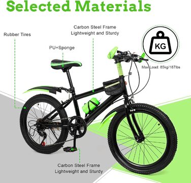 Дитячий велосипед DIFU 20 дюймів Гірський велосипед на 7 швидкостей для дівчаток та хлопчиків з бризковиками Вуглецева сталь та алюмінієвий сплав Покращений велосипед з чайником тримачем для чайника Зелений