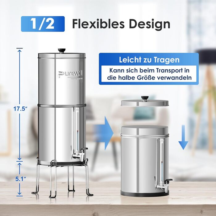 Ступінчаста гравітаційна система ультрафільтрації Purewell зі скляним індикатором рівня води, система стільниці з нержавіючої сталі 304 з 4 елементами та кронштейнами, зменшує вміст фтору та хлору 5,7 літра, 6-