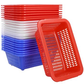 Набір пластикових кошиків для зберігання FUNSUEI з 24 предметів, маленькі кольорові кошики для зберігання, 3 кольори, маленькі пластикові кошики для зберігання та організації, синій, червоний, білий, 23 x 16 x 7 см