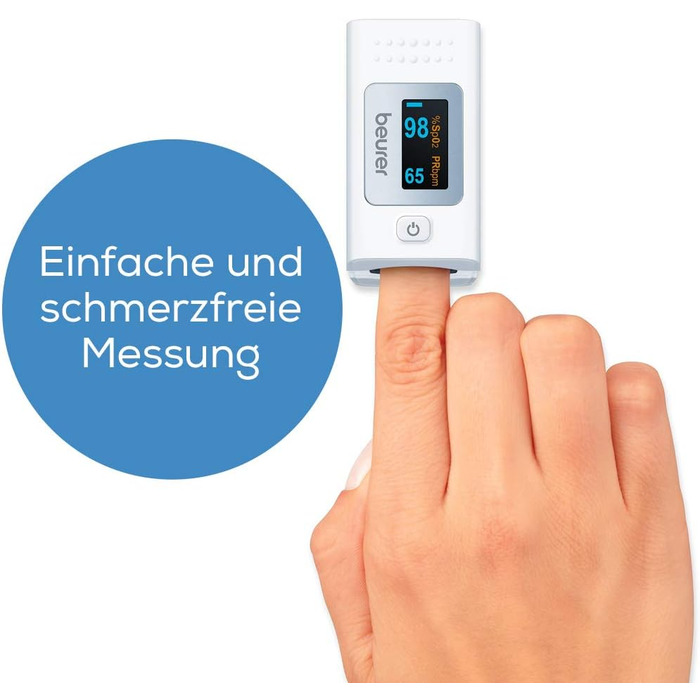 Пульсоксиметр Beurer PO 30, вимірювання насичення крові киснем (SpO) і частоти серцевих скорочень (пульсу), пальчикоксиметр з кольоровим дисплеєм, безболісне нанесення на палець, 6,1 x 3,6 x 3,2 см, білий (білий, одинарний)