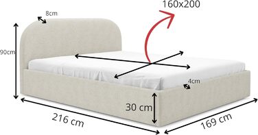 Ліжко Moon з м&39якою оббивкою 90x200 120x200 140x200 160x200 180x200 200x200 з металевою коробкою для зберігання, плетіння букле, без матраца (Source 02 - Cream, 160x200) Source 02 - Cream 160x200