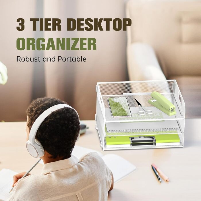 Лоток для документів А4, 3 відділення, штабелювані офісні лотки, металевий лоток з ручкою, білий