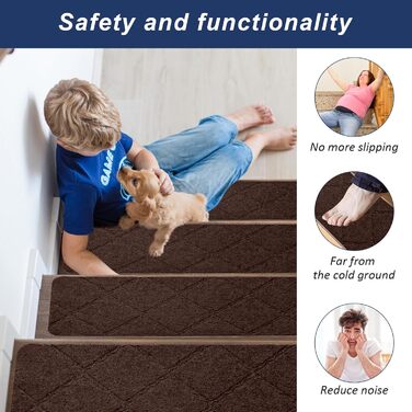 Килимки для сходів 55x19 см, самоклеючі протиковзкі килимки для сходів для використання в приміщенні, багаторазові, можна різати для дерев&39яних сходів, ідеально підходять для дітей, людей похилого віку, домашніх тварин (коричневі - з ромбоподібним візер