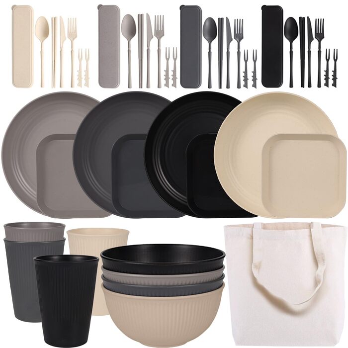 Небиткий набір посуду на 4 особи з сумкою з тканини, багаторазовий посуд для кемпінгу, пластиковий посуд для пікніка, барбекю, легкий посуд для подачі, тарілки, миски, столові прибори в комплекті