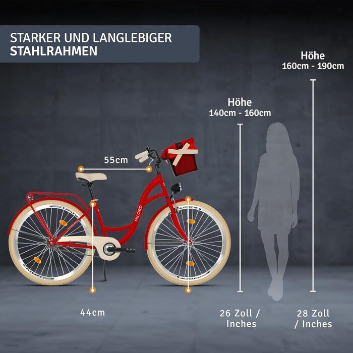 Комфортний міський велосипед з кошиком, вінтажний жіночий голландський велосипед, 28 дюймів, червоний, 1 швидкість