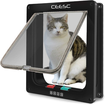 Великі котячі дверцята CEESC (зовнішній розмір 28 x 24,9 см), великі котячі дверцята з 4-стороннім замиканням, водонепроникні котячі дверцята для домашніх тварин з обхватом &lt63 см