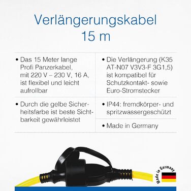 Подовжувач Schwabe 15 м 230 В, 16 А Захисна вилка Зовнішній подовжувач живлення Подовжувач для вулиці K35 AT-N07V3V3-F 3G1,5 - IP44 - Зроблено в Німеччині, жовтий, 60353 AT-N07V3V3-F 3G1,5 15 м