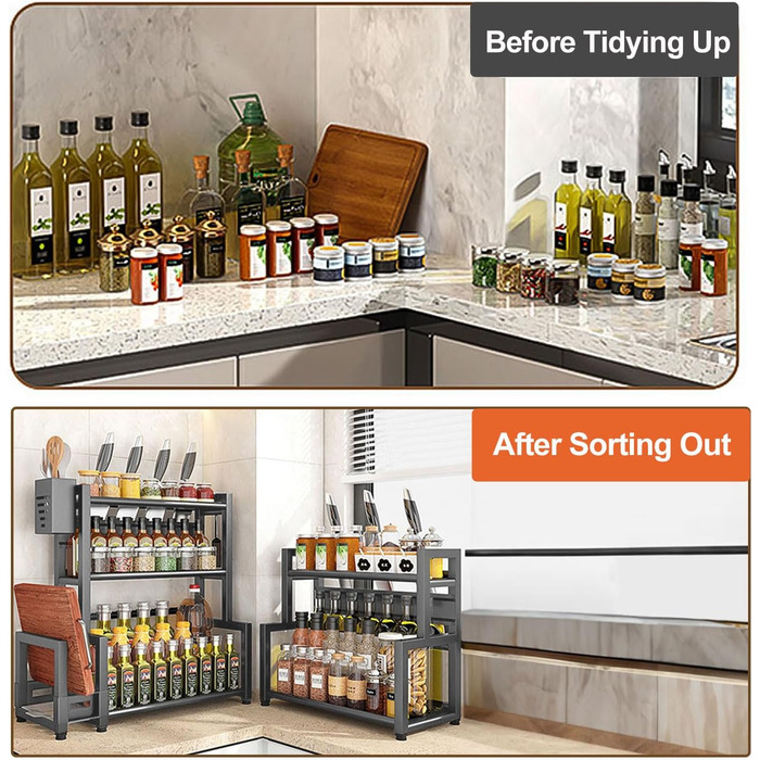 Стелаж для спецій Devesanter, 3 яруси, кухонна полиця для банок для спецій великої місткості, металевий органайзер для зберігання на стільниці з тримачем для обробної дошки, тримач для посуду, з 6 гачками, сірий, 3 яруси, металевий, сірий