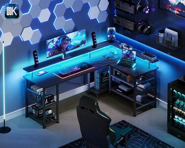 Ігровий стіл ODK зі світлодіодним освітленням, двосторонній ігровий стіл 150102 см з 2 розетками та 2 портами USB для зарядки, великий кутовий стіл із сітчастою полицею, чорний колір з вуглецевого волокна 150102 см з вуглецевого волокна, чорний колір