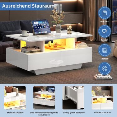 Журнальний столик Merax глянцевого білого кольору, стіл для вітальні зі світлодіодним підсвічуванням, журнальний столик з 2 шухлядами, відкриті відділення, стильний столик для дивана, бічний столик, чайний столик, елегантний прямокутний центральний столик