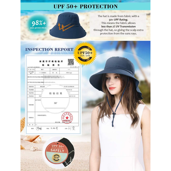 Жіночий сонцезахисний капелюх Comhats, захист від сонця UPF 50, літній капелюх із захистом шиї, широкі козирки, бавовна, M 1005темно-синій