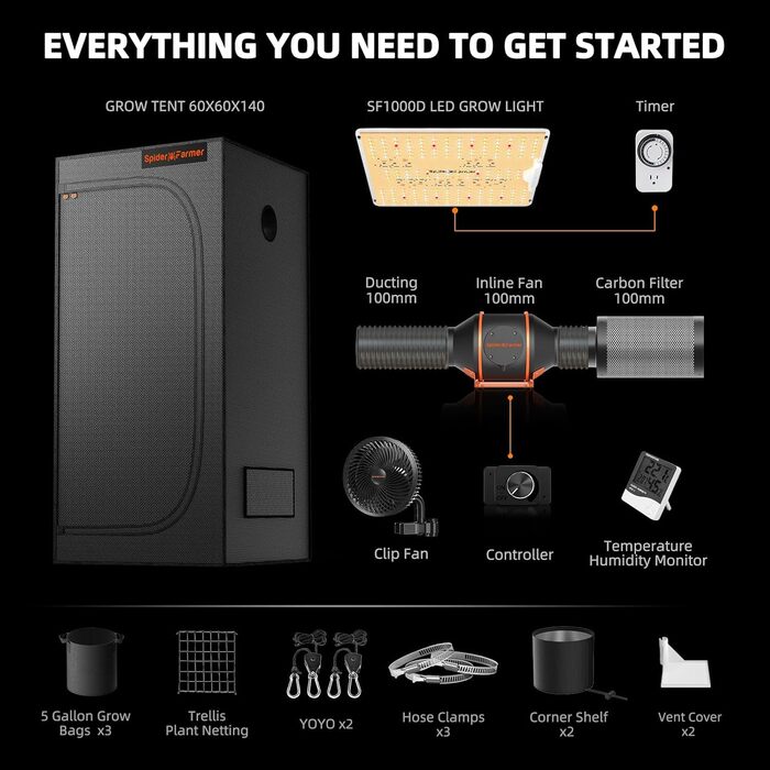 Повний набір Світлодіодна лампа Grow Full Spectrum Samsung LM301B LEDs Grow Tent Kit Complete 60x60x140cm Hydroponics 1680D Growing Tent Kit Kit System Ventilation, 1000D Grow Tent