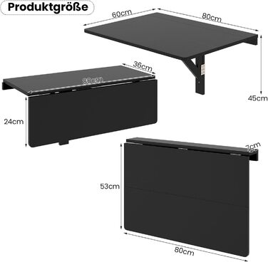 Настінний розкладний стіл GYMAX 80 x 60 см, розкладний кухонний стіл, компактний дерев&39яний обідній стіл, настінний стіл, розкладний стіл, настінний стіл для їдальні та кабінету (чорний)