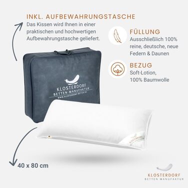 Подушка преміум-класу Klosterdorf Bedding Manufactory з трьома камерами &quotФункціональна&quot - 40x80 см - 500 грамів - Ручна робота в Німеччині - Здоровий сон - Пухова подушка, Пухова подушка, 3-камерна подушка