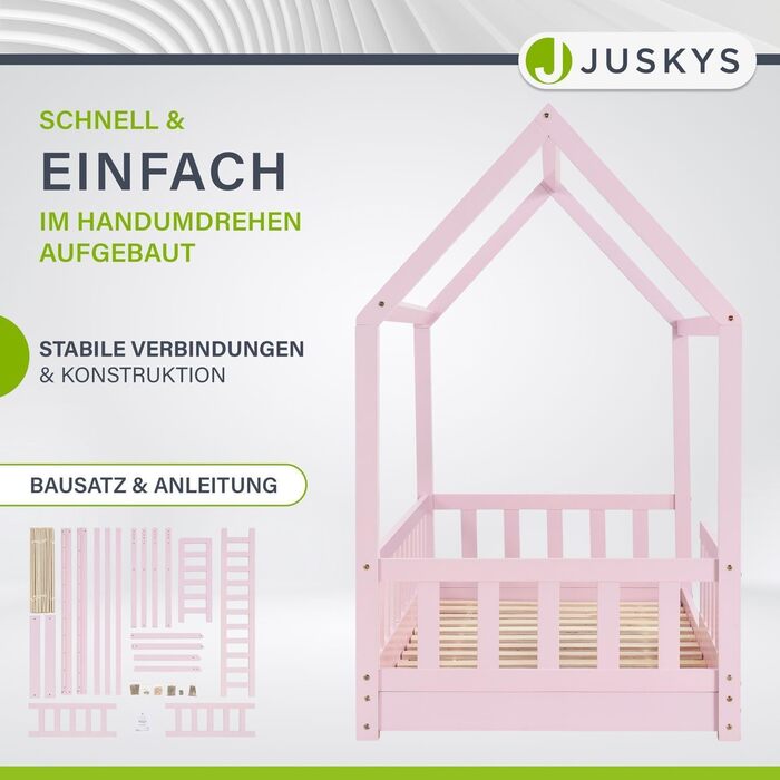 Дитяче ліжко Juskys Marli 80 x 160 см з матрацом, захисними поручнями, рейковою основою та дахом - Ліжко-будиночок з масиву дерева для дітей - Ліжко рожевого кольору