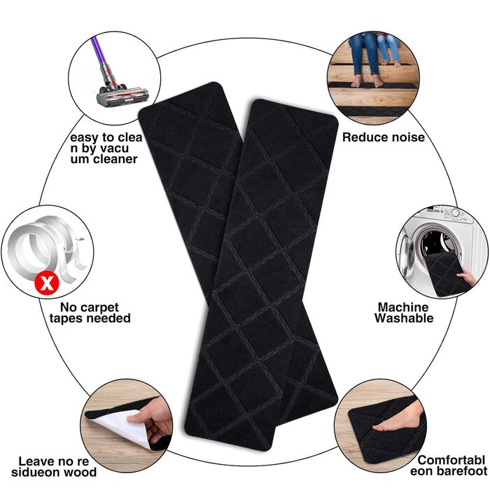 Сходинки для дерев&39яних сходинок, 15 шт. , 20,3 x 76,2 см, килим, сходова доріжка, для використання всередині приміщень, нековзні килимки для сходів для дітей, людей похилого віку та домашніх тварин, 8x30 дюймів, кубічний чорний 15