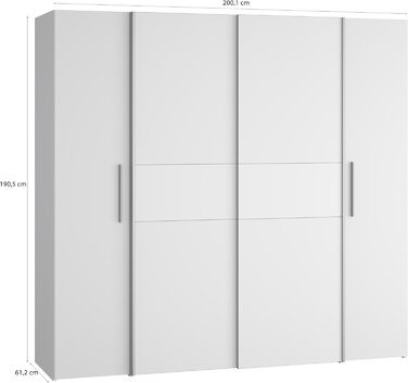 Шафа 200, сучасна шафа з розсувними/відкидними дверима, 4 двері, полиці, вішалки для одягу, дерев&39яний композит, білий, 200,1 см завширшки x 190,5 см заввишки x 61,2 см завглибшки, білий, без шухляд