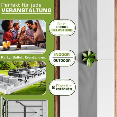 Складаний садовий стіл 180x75 см Пластик Буфетний стіл з ручкою для перенесення Складаний стіл для саду, патіо та балкону Кемпінговий стіл для 8 осіб 180 x 75 см Білий