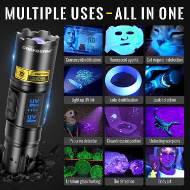Ультрафіолетовий ліхтарик DARKBEAM Blacklight 365 нм та 395 нм, світлодіодний ліхтарик з ультрафіолетовим випромінюванням, що перезаряджається від USB, надзвичайно яскравий, з регульованим фокусом, лампа Вуда з чорним світлом для сечі домашніх тварин, ура