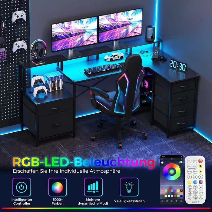 Ігровий Г-подібний стіл IRONCK з LED-підсвіткою та розетками (2AC1USB1C), 189x100 см, кутовий комп'ютерний стіл з 6 шухлядами та підставкою для монітора, реверсивний стіл для дому та офісу, чорний