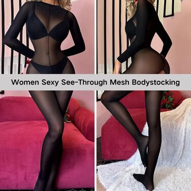 Сексуальний жіночий бодістокінг з прозорої сітки, чорний, довгі рукави, з відкритим доступом в інтимній зоні