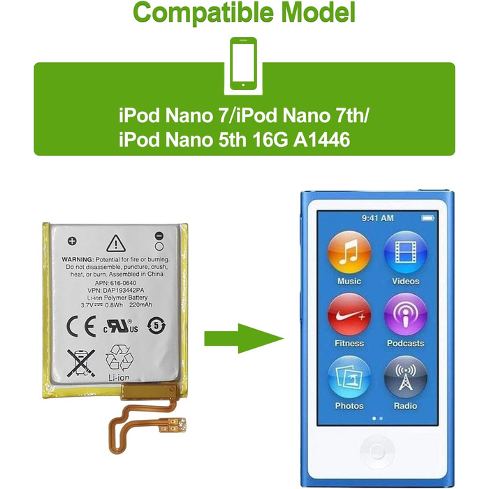 Заміна акумулятора, сумісного з iPod Nano 7, iPod Nano 7th, iPod Nano 5th 16G, A1446 616-0640 616-0639 з набором інструментів