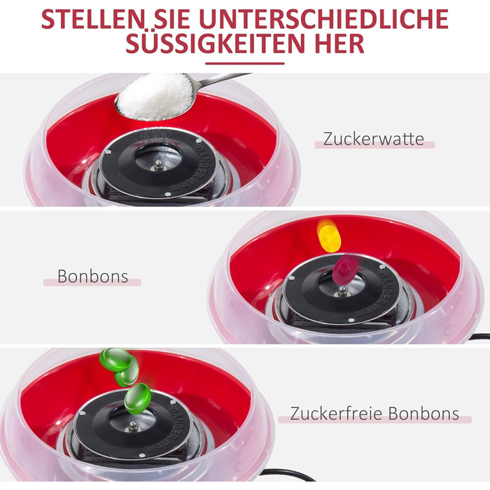 Машина для виробництва солодкої вати HOMCOM, проста у використанні машина для виробництва солодкої вати, для дорослих і дітей, нержавіюча сталь, PP, червоний