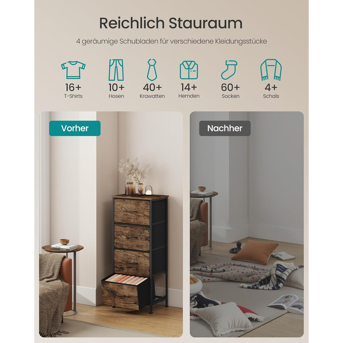 Комод SONGMICS, шафа, 4 тканинні шухляди, шафа для зберігання, сталь, МДФ, неткане полотно, для спальні, коридору, вітальні, вінтажний коричневий-чорний LGS314BH04 4 шухляди вінтажний коричневий чорнильний