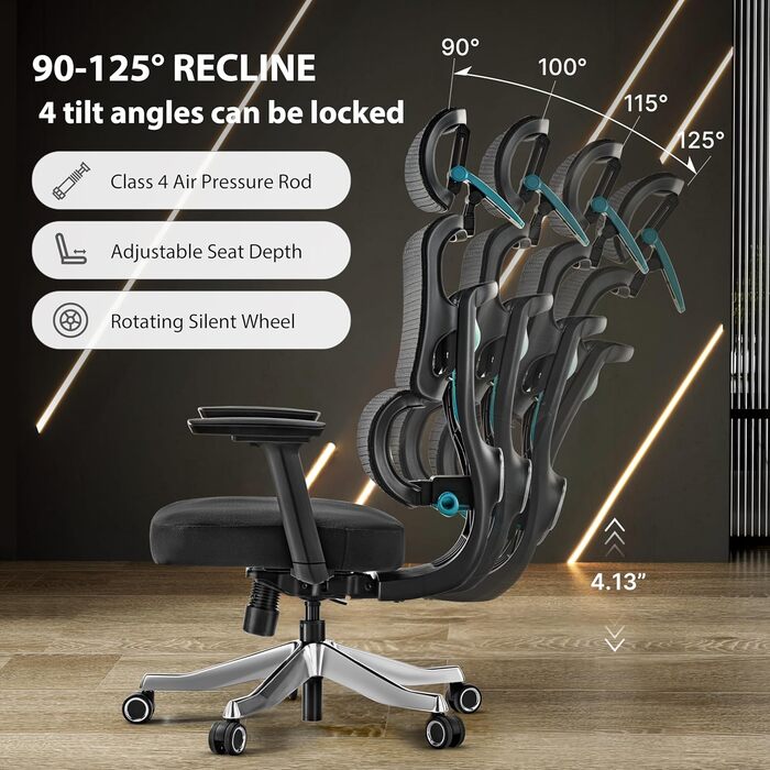 Ігрове крісло Eureka Axion з регульованою поперековою опорою, ергономічне офісне крісло з 4D підголівником/3D підлокітниками зі штучної шкіри, дихаюче сітчасте робоче крісло, чорно-синє