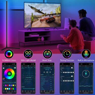 Світлодіодний торшер TRUMPETS Вітальня 165 см, кутовий світильник RGB з можливістю регулювання яскравості за допомогою пульта дистанційного керування та додатку, 16 мільйонів кольорів, музичні режими, режим зроби сам і функція хронометражу для спальні (з 