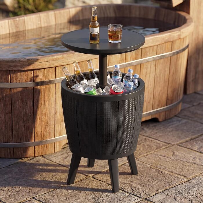 Вуличний всепогодний охолоджувальний стіл, бічний столик об&39ємом 38 л з підйомною кришкою, охолоджувач для напоїв для вечірок, саду, патіо (чорний)