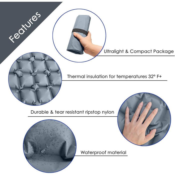 Ультралегкий килимок для сну для кемпінгу - Легкий килимок для сну для походів - Надувний та компактний повітряний матрац