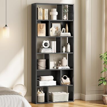 Книжкова полиця, 6-ярусна полиця, окремостояча книжкова шафа з 12 відкритими відділеннями, полиця для вітальні, спальні, ванної кімнати, офісу, сучасна, легко збирається, 173x60x24 см, чорна
